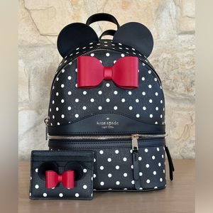 Kate spade Minnie Bow Polka Dot zip backpack&card case NWT black red white